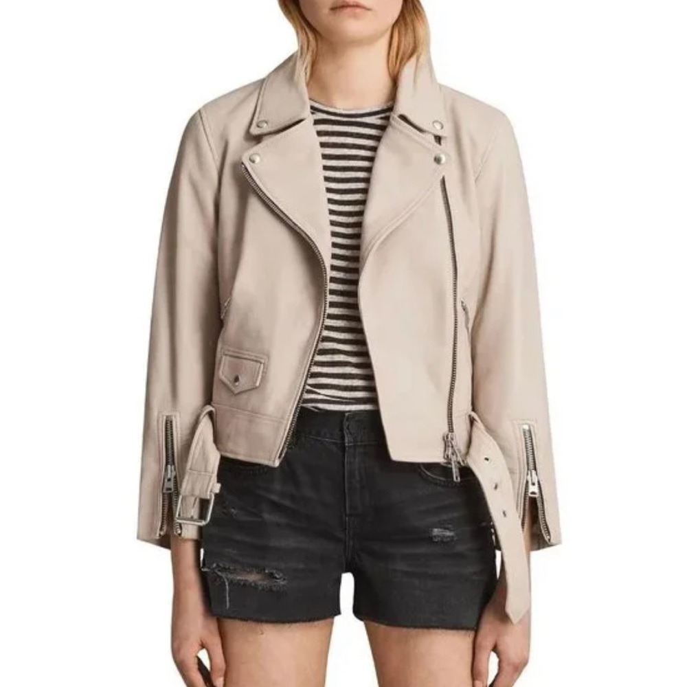 All Saints Cole Biker Leather Jacket - Sand (US 6)